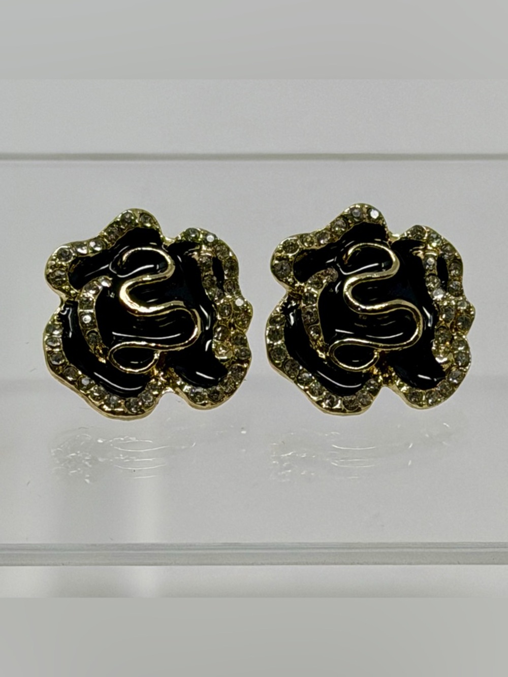 Elegant Black and Gold Floral Stud Earrings